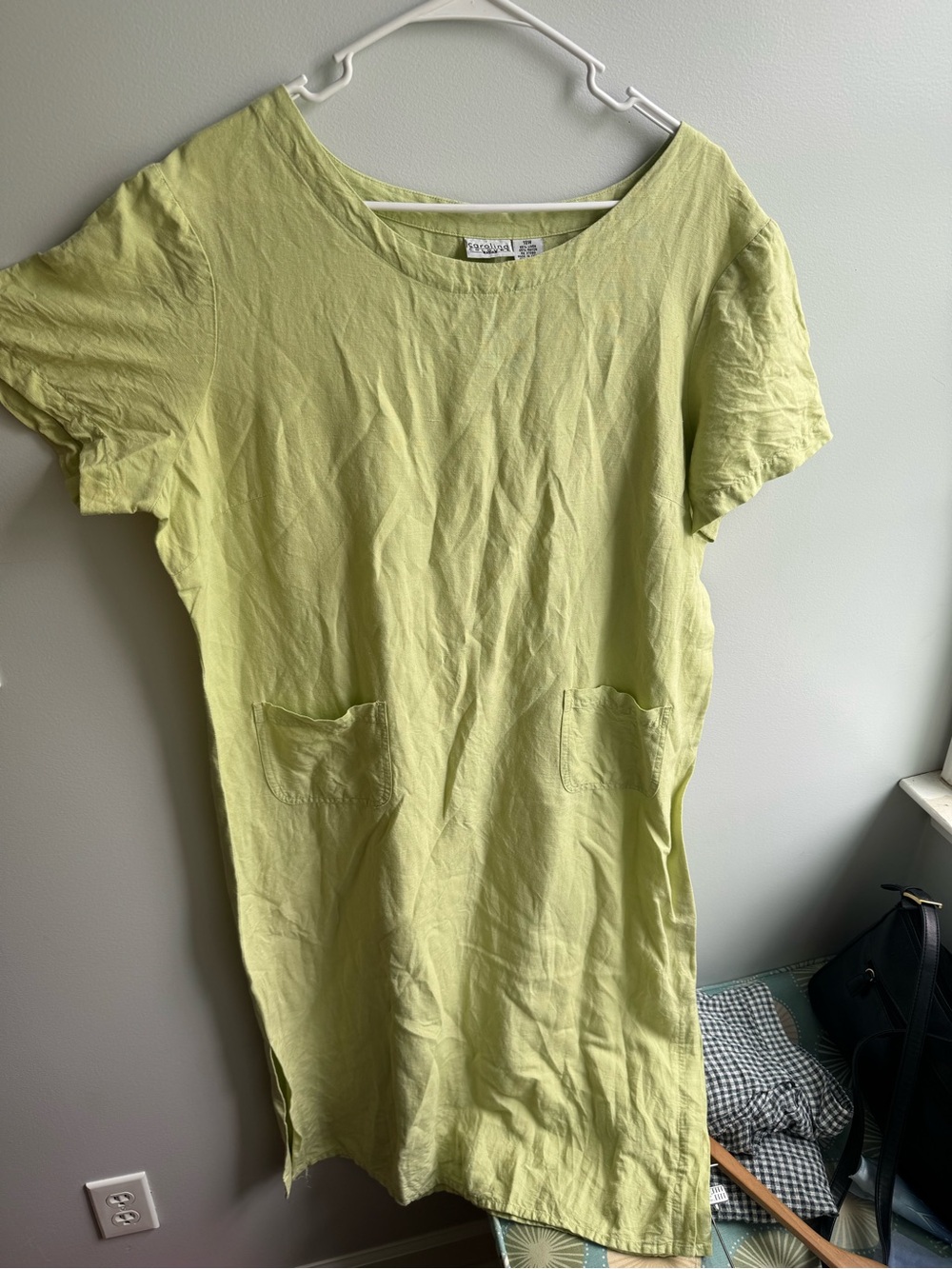 Linen Blend Short-Sleeve Lime Green Pocket Dress
